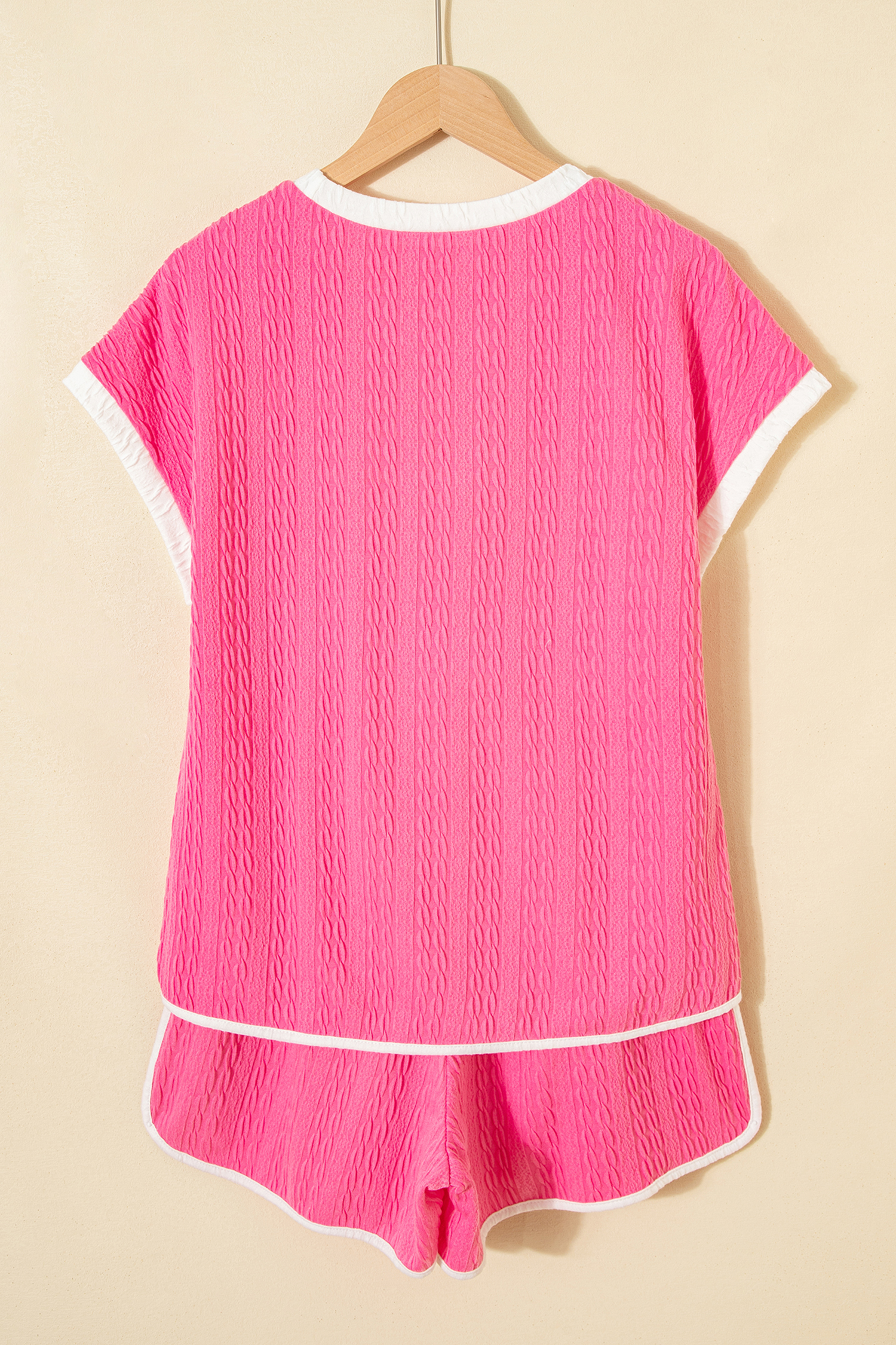 Bright Pink Textured Color Block Trim Loose Tee Drawstring Shorts 2pcs Set - loveforevers
