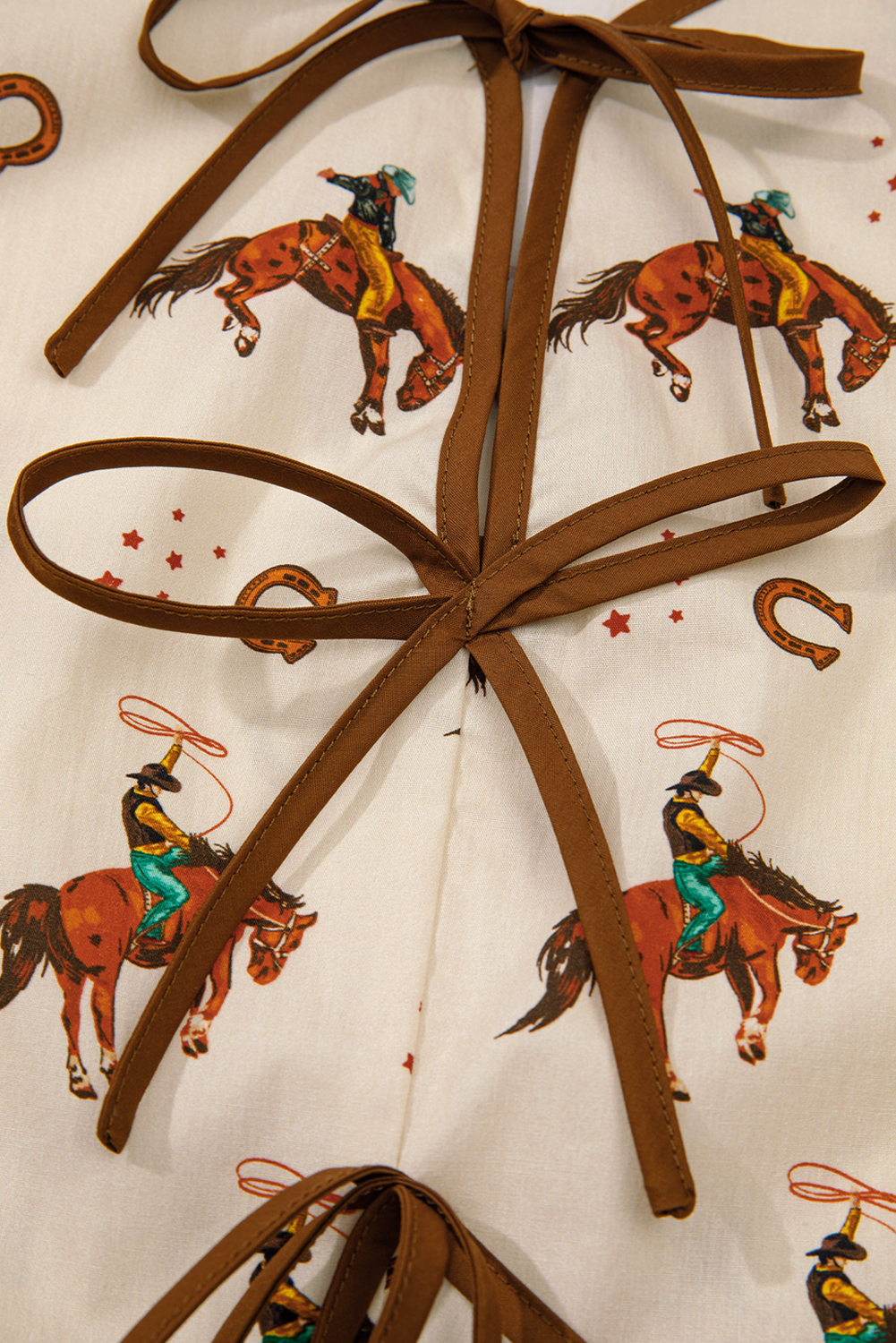 Apricot Western Rodeo Print Tied Front Puff Sleeve Peplum Top - loveforevers