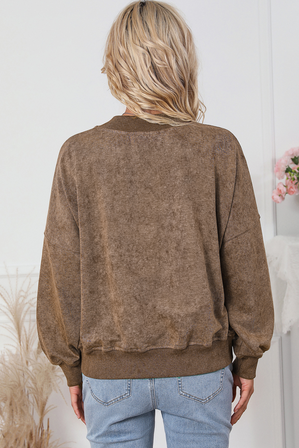 Brown Drop Shoulder Crew Neck Pullover Sweatshirt - loveforevers