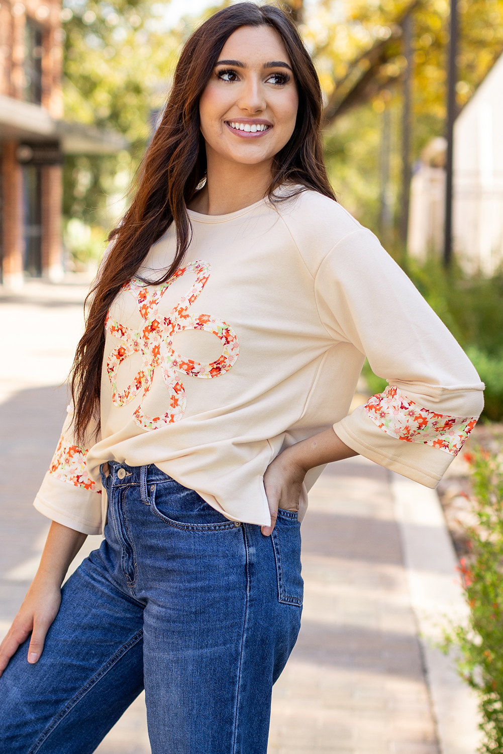 Beige Flower Patch Graphic Exposed Seam Wide Sleeve Top - loveforevers
