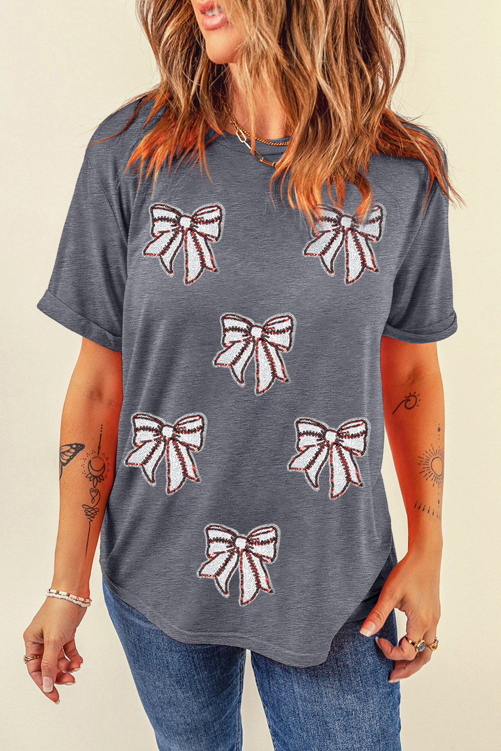 Gray Sequin Bow Baseball Fashion Graphic Tee - loveforevers