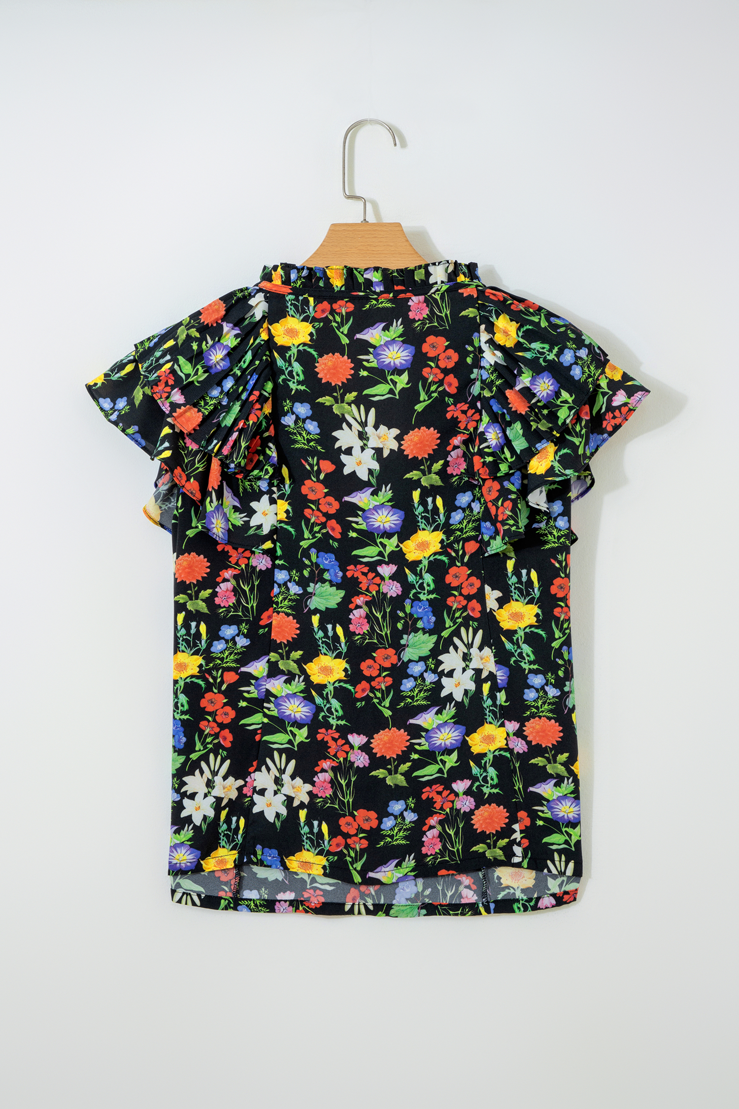 Black Tiered Flutter Sleeve V Neck Flower Blouse - loveforevers