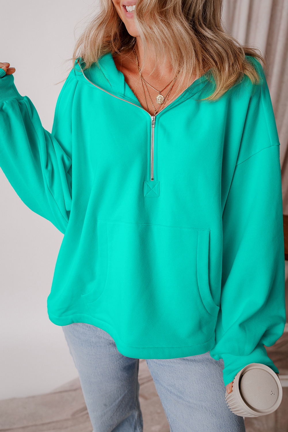 Bonbon Fleece Lined Half Zipper Kangaroo Pockets Loose Hoodie - loveforevers