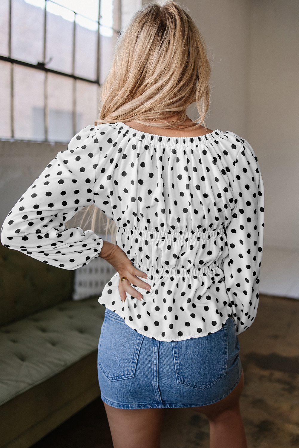 Black Polka Dot Puff Sleeve Bow Square Neck Peplum Top - loveforevers
