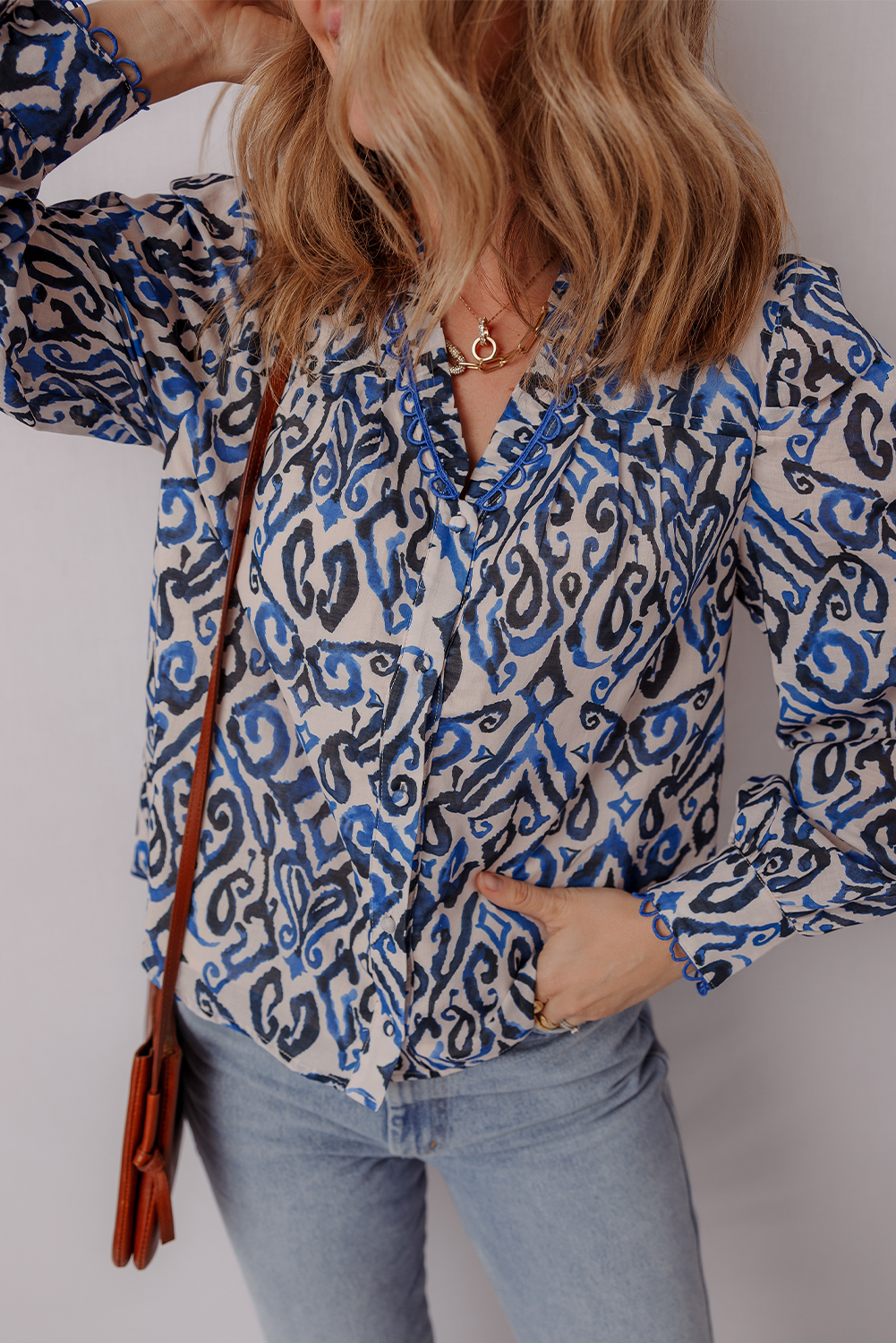 Blue Bohemian Print Embroidered V Neckline Detail Long Sleeve Shirt - loveforevers