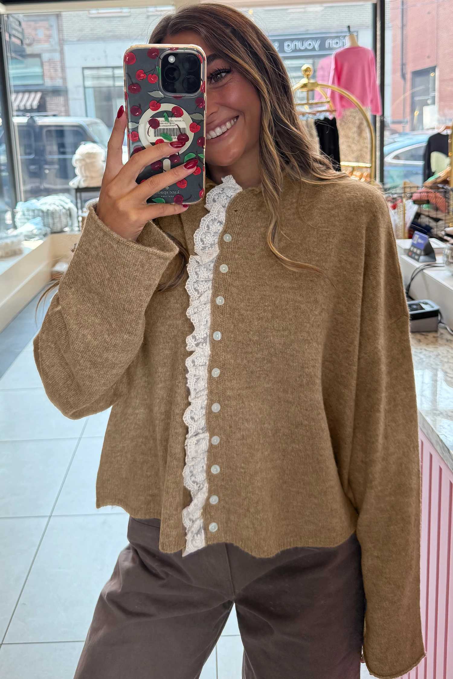 Simply Taupe Contrast Frilled Lace Trim Loose Cardigan Sweater - loveforevers