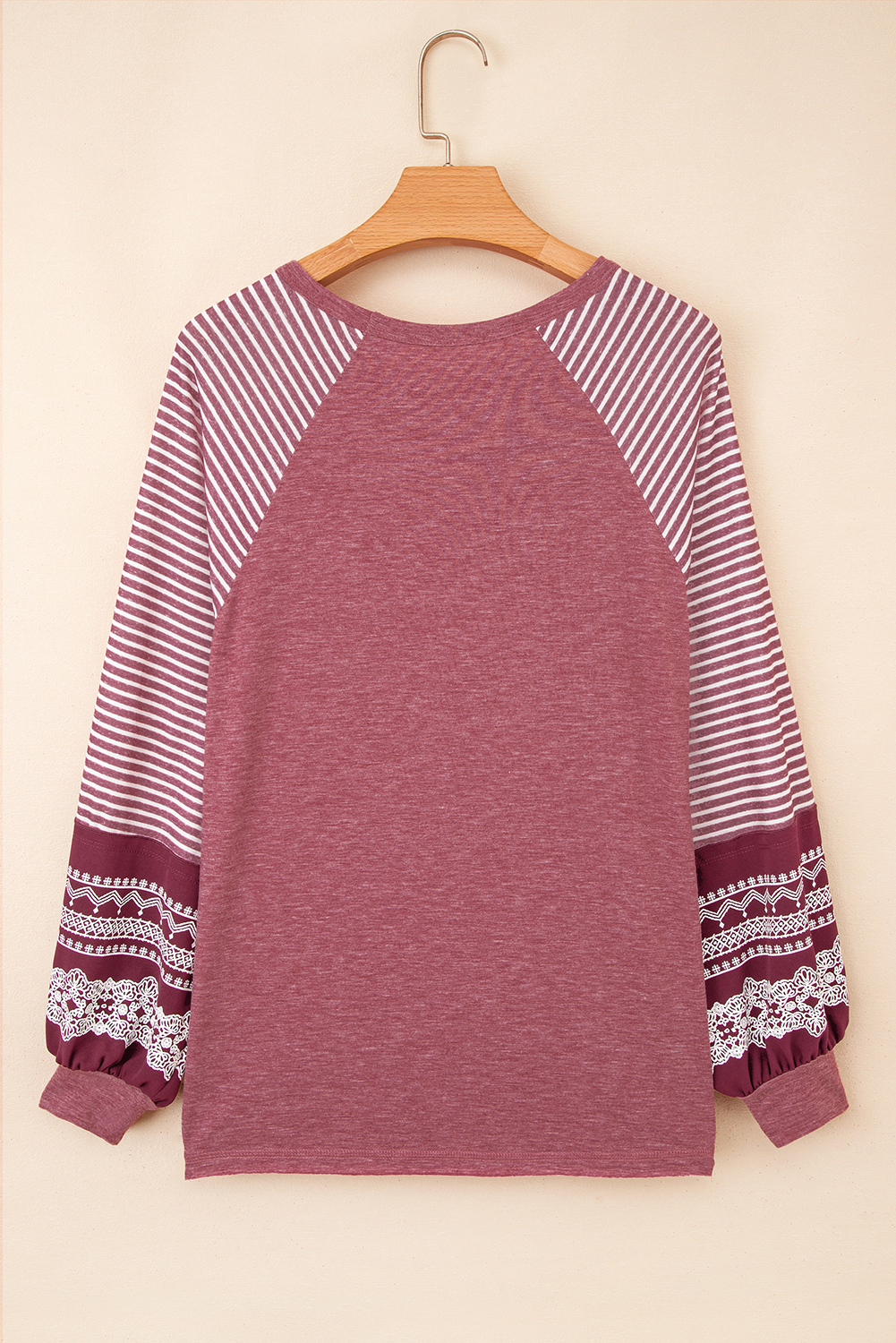 Tillandsia Purple Contrast Print Striped Raglan Long Sleeve Loose Top - loveforevers