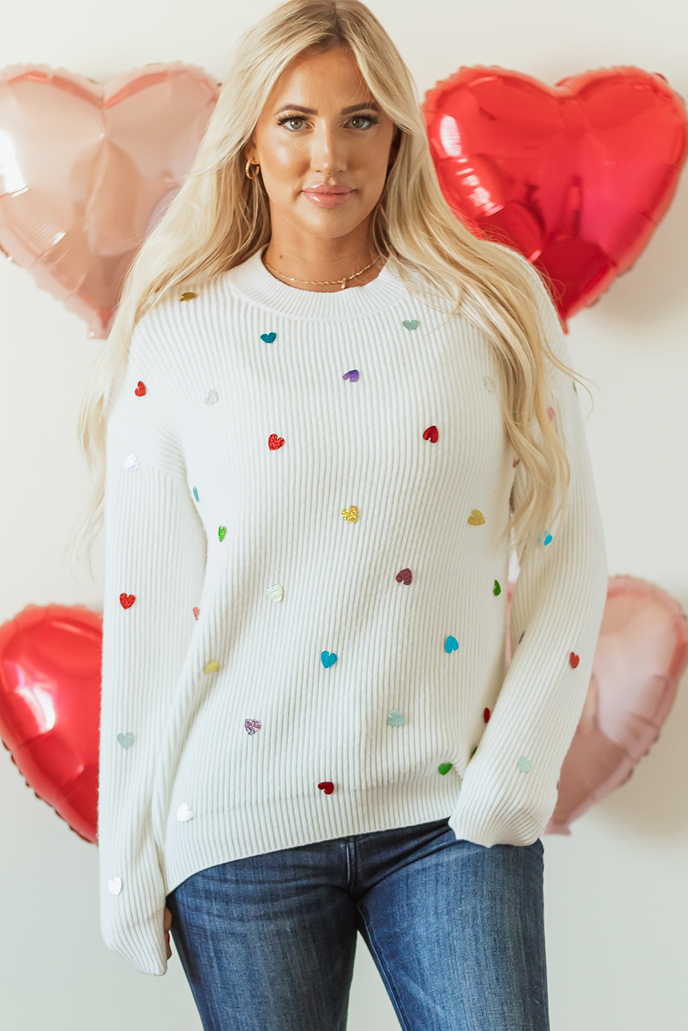 Beige Sequin Heart Shape Waffle Knit Round Neck Sweater - loveforevers