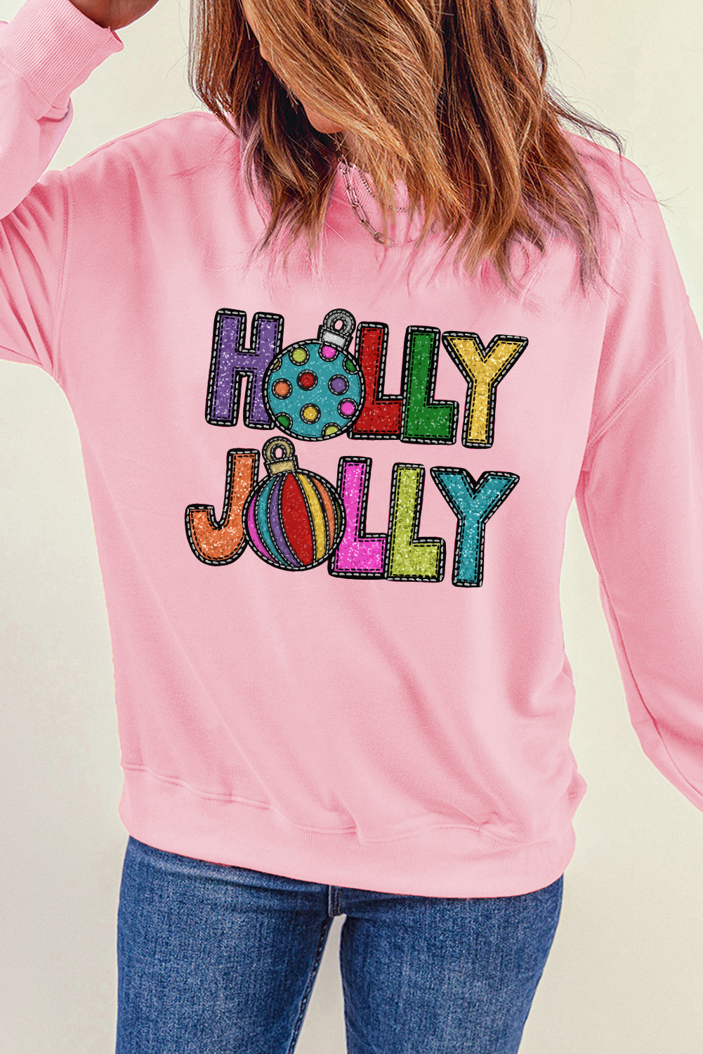 Pink HOLLY JOLLY Christmas Festive Letter Graphic Sweatshirt - loveforevers