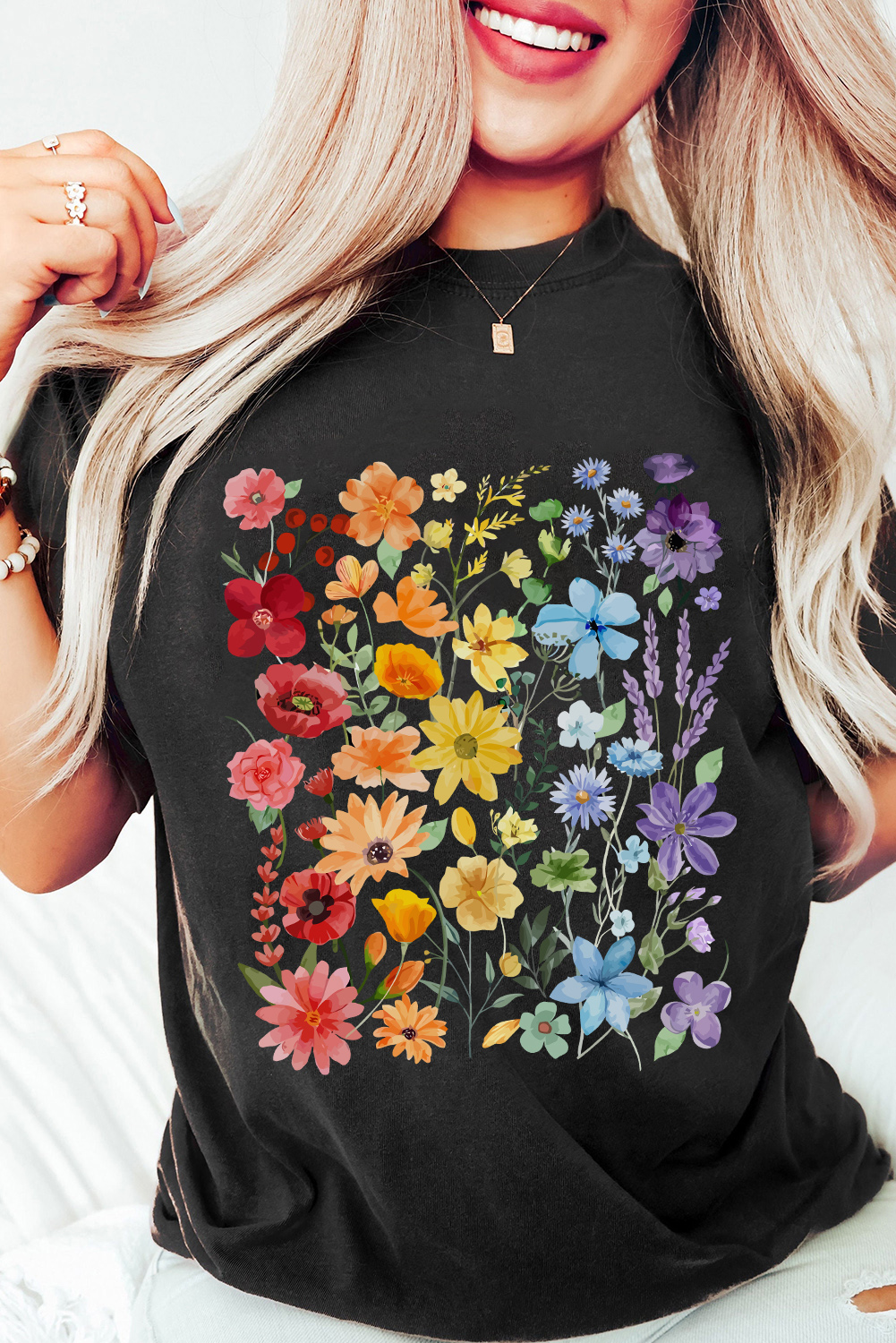 Black Beautiful Flower Print Cotton Blend Casual Tee - loveforevers