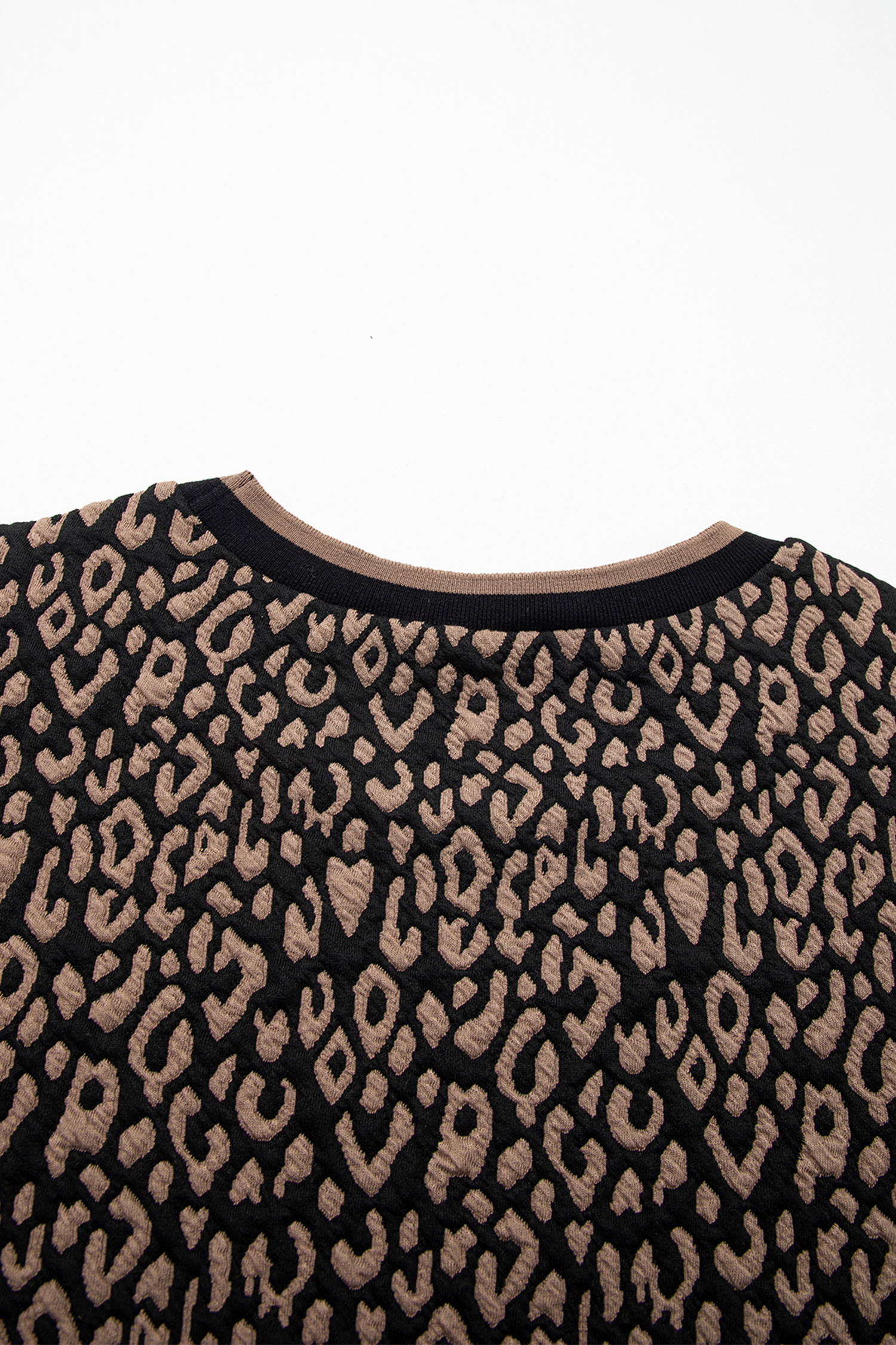 Black Leopard Print Puffy Bracelet Sleeve Contrast Trim Round Neck Top - loveforevers