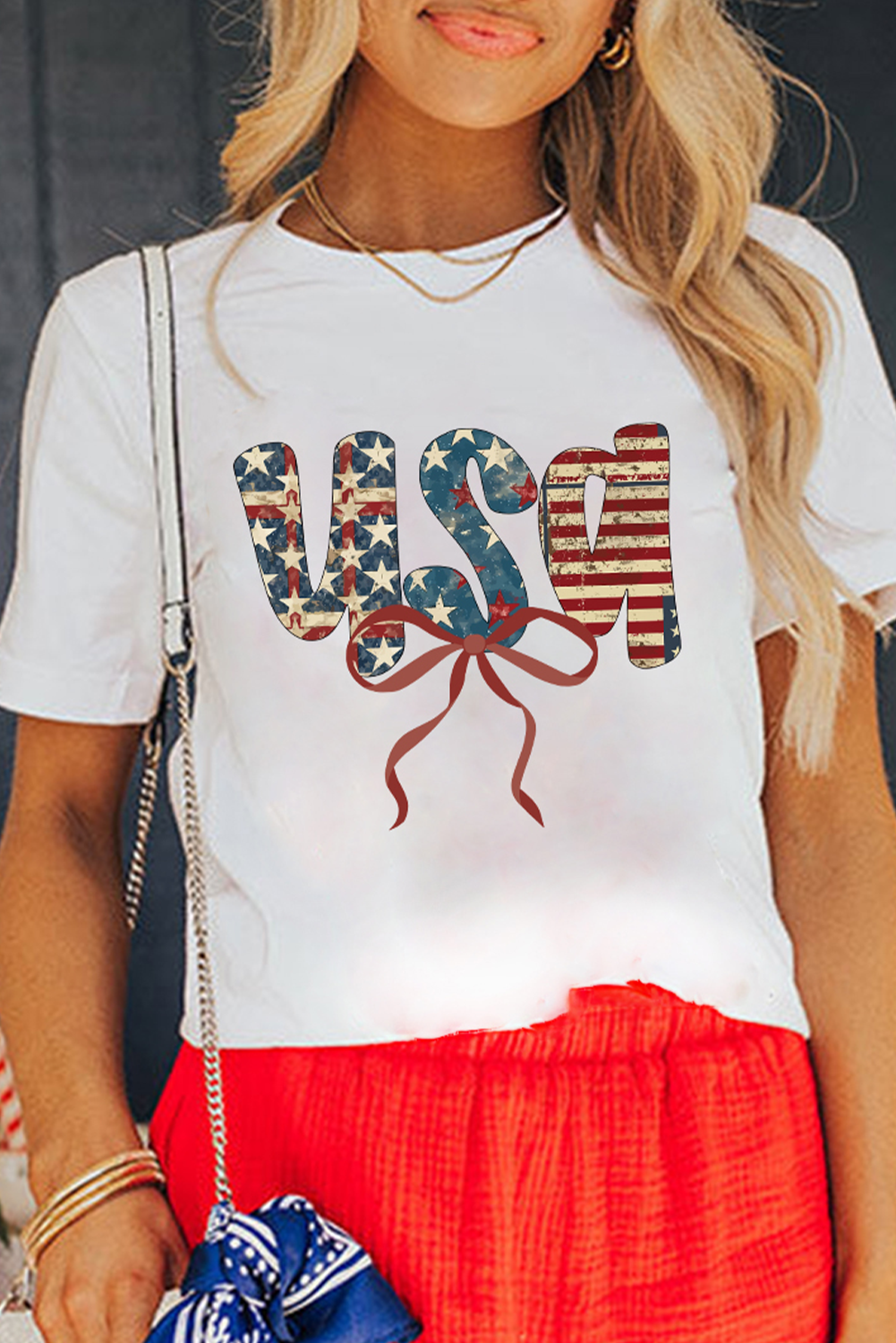 White usa Bow Letter Graphic Independence Day Fashion Tee - loveforevers