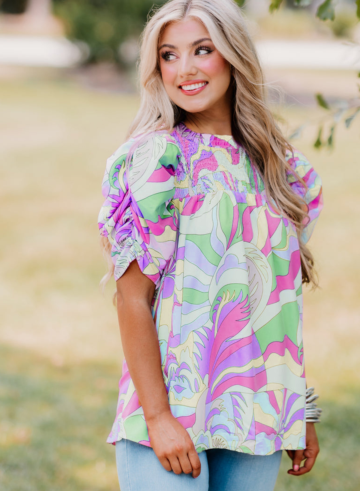 Green Abstract Print Bubble Sleeve Smock Detail Blouse - loveforevers