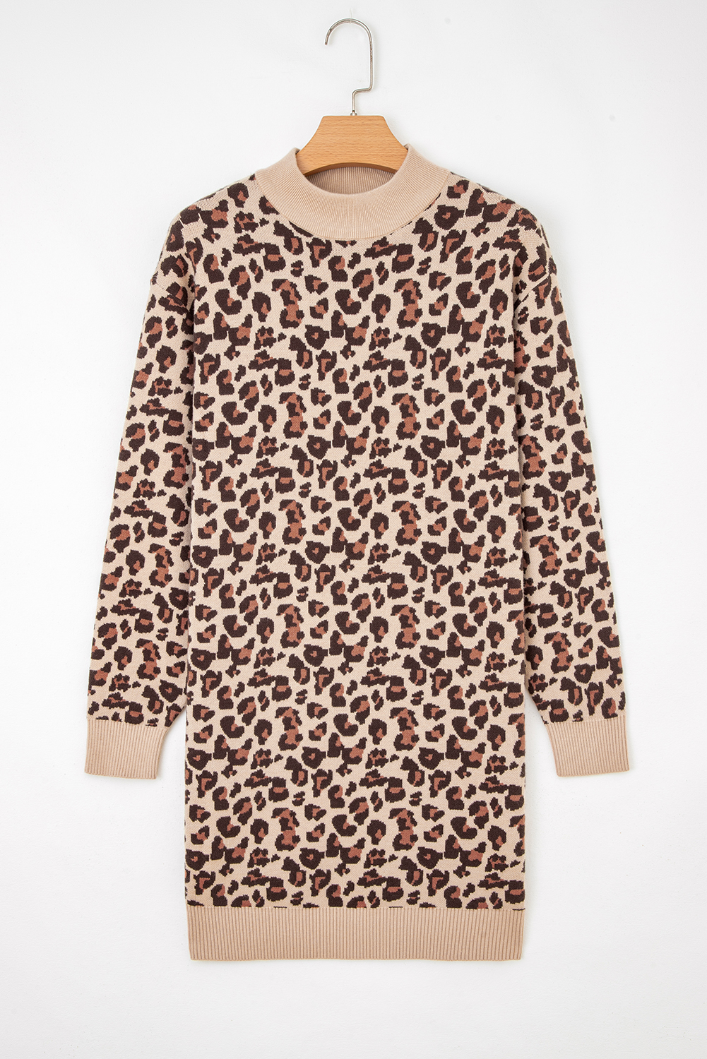 Khaki Leopard Print High Neck Shift Mini Sweater Dress - loveforevers