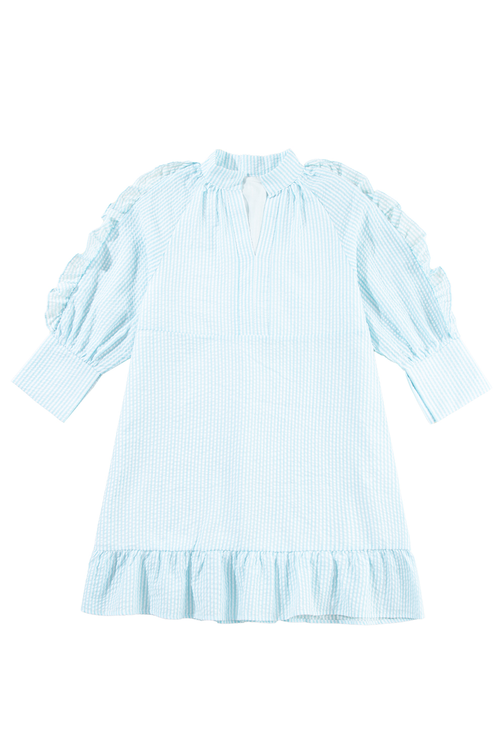 Myosotis Seersucker Ruffled Puff Sleeve Stand Neck Mini Dress - loveforevers