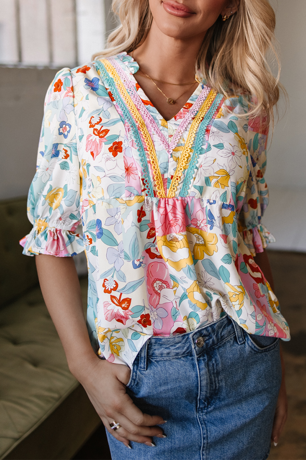 Pink Boho Flower Print Half Puff Sleeve Blouse - loveforevers