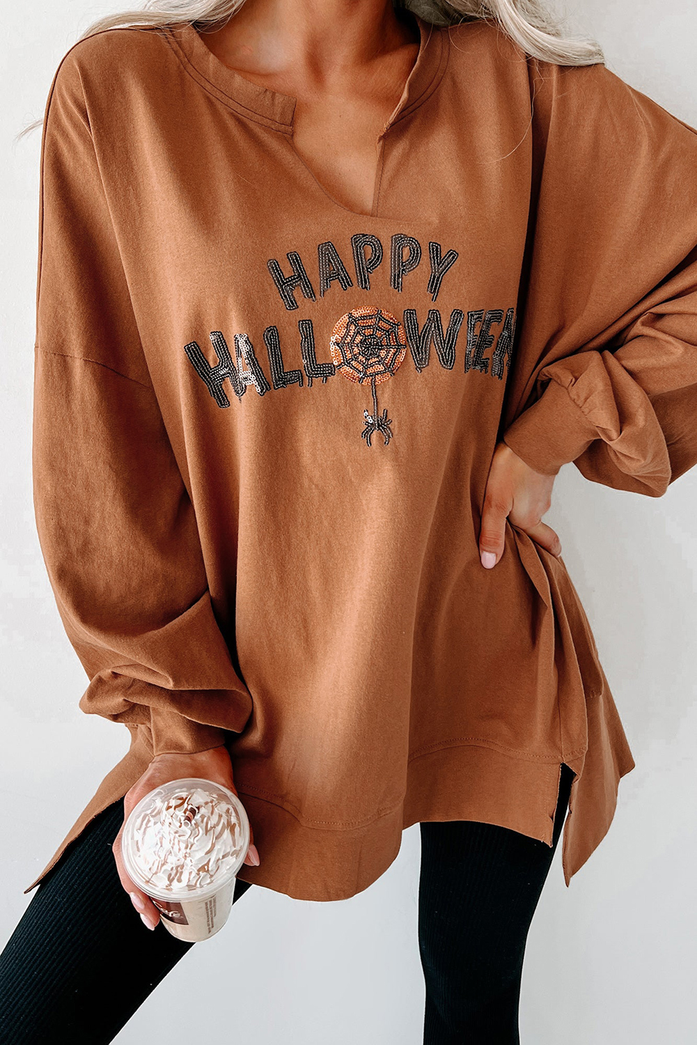 Medium Grey Sequin Happy Halloween Graphic Notched Neck Long Sleeve Loose Top - loveforevers