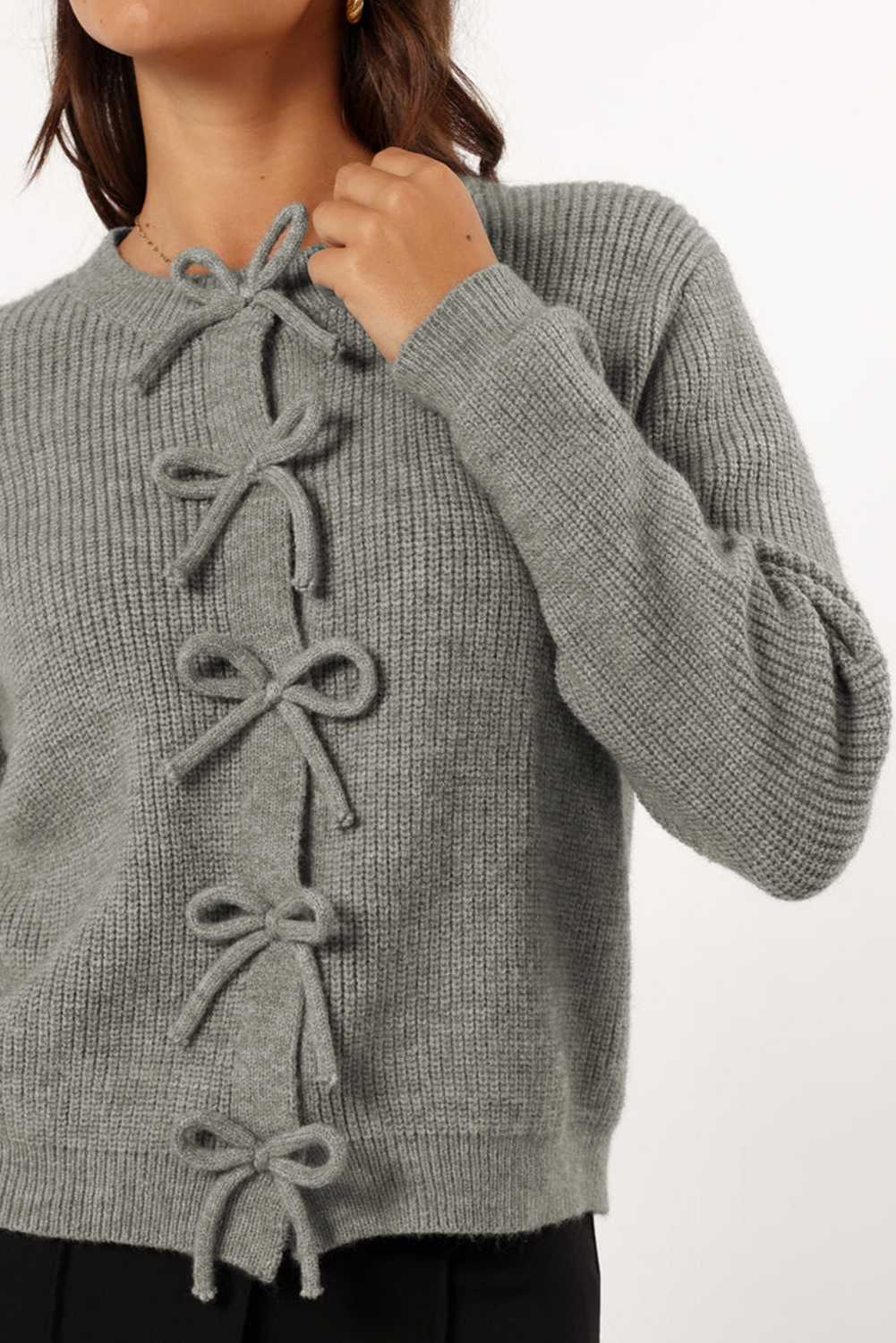 Philippine Gray Ribbed Knit Bow Front Buttoned Cardigan - loveforevers