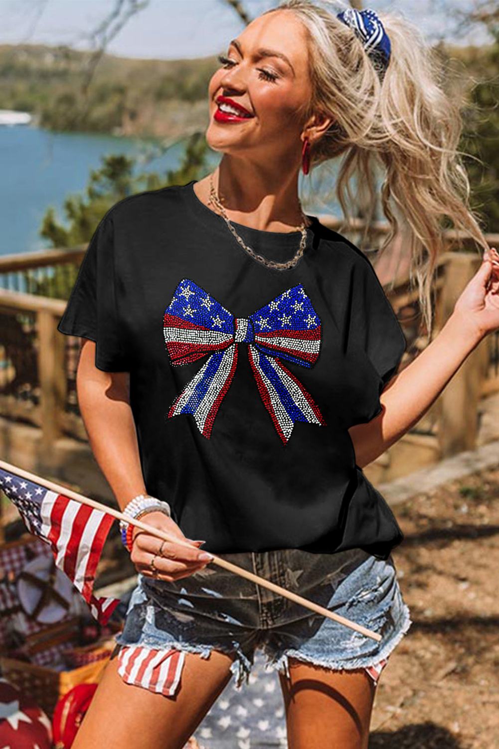 Black Rhinestone Stars and Stripes Bow Graphic Independence Day T Shirt - loveforevers
