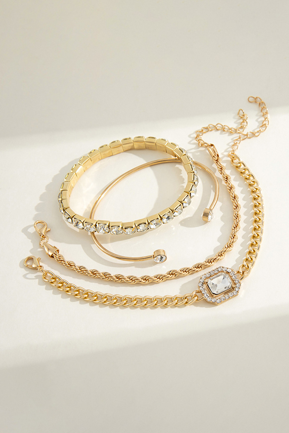 Gold 4pcs Diamond Chained Braided Bangle Bracelet Set - loveforevers