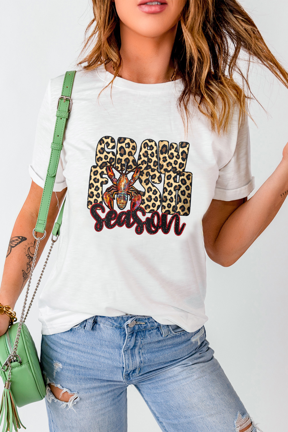 White Crawfish Season Leopard Letter Graphic Tee - loveforevers