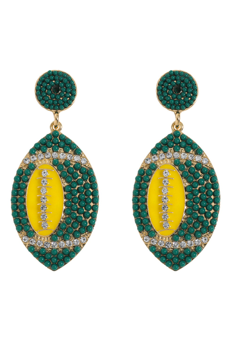Dark Green Beaded Rhinestone Rugby Football Drop Earrings - loveforevers
