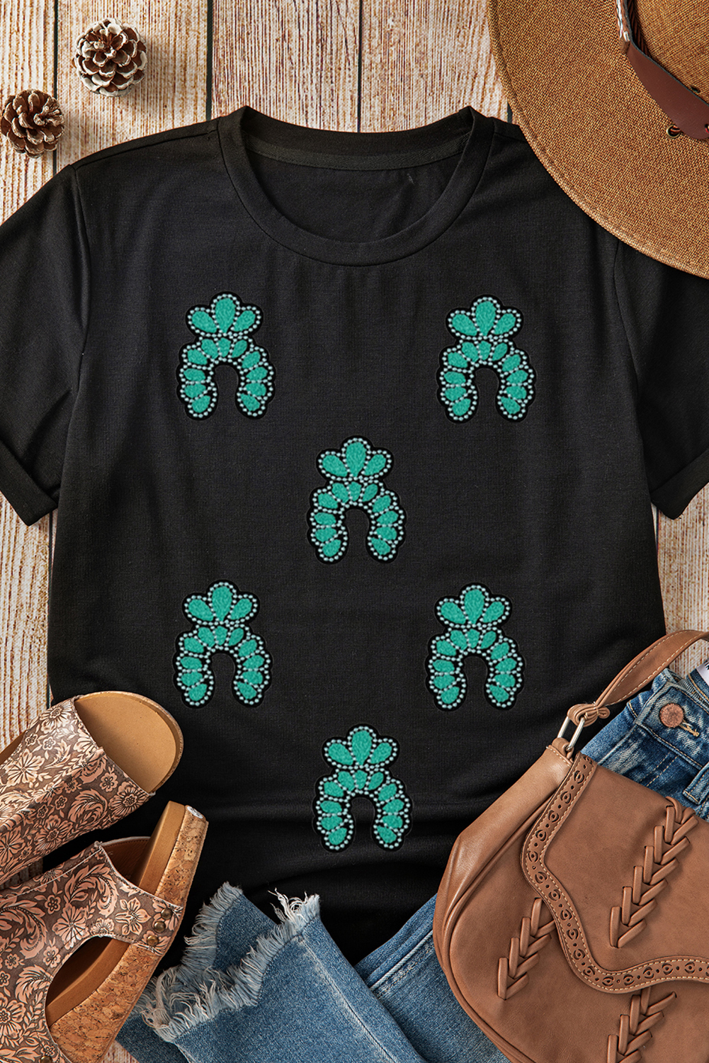 Black Western Turquoise Pattern Sequin Patched T Shirt - loveforevers
