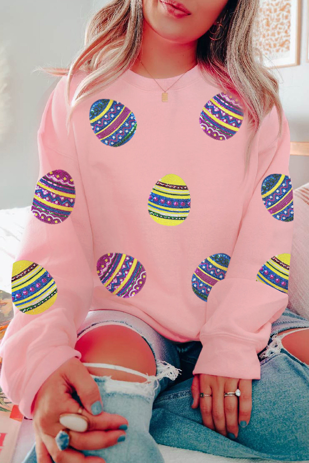 Pink Sequined Bunny Egg Easter Day Pullover Sweatshirt - loveforevers