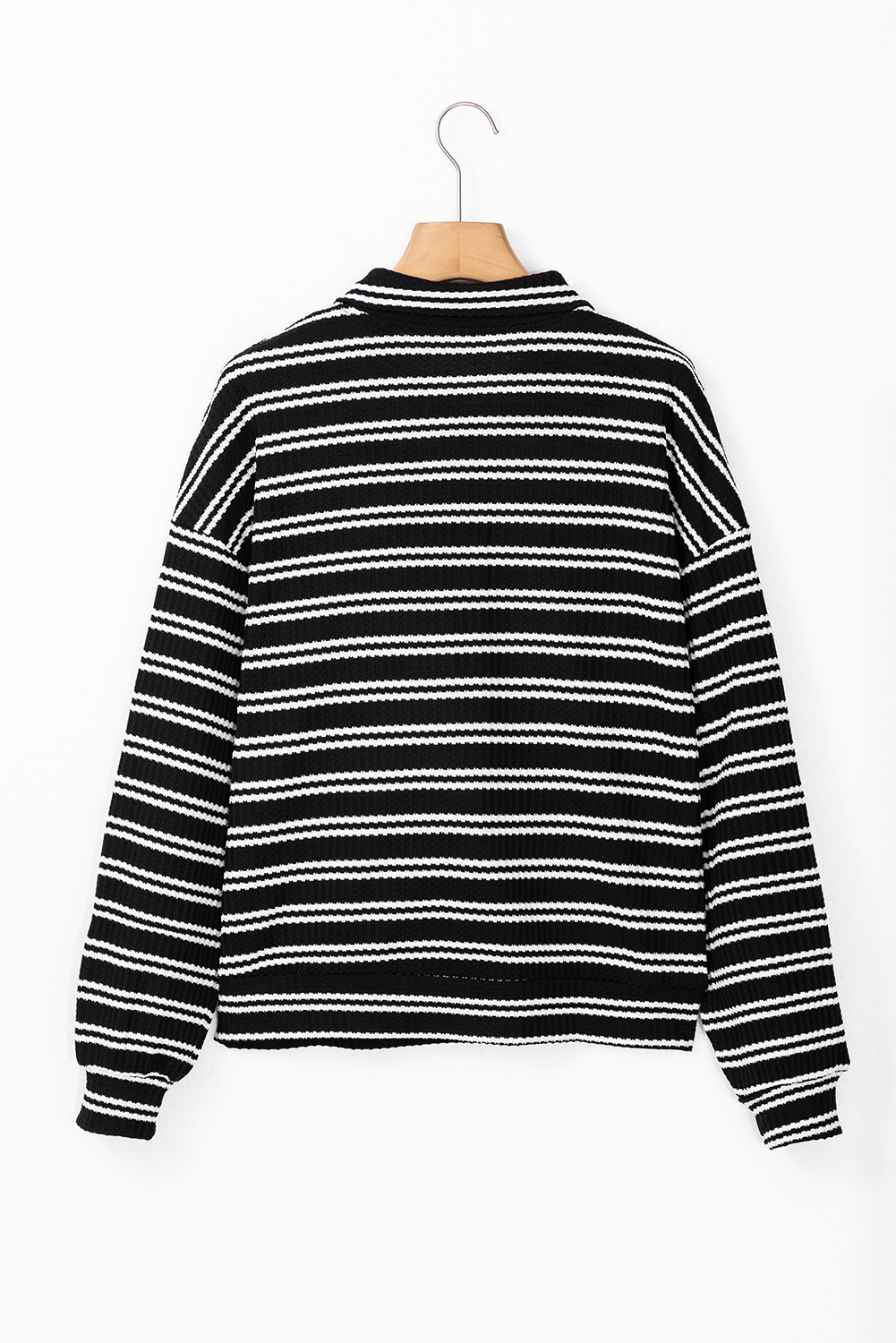 Black Stripe Textured Quarter Zip Collar Long Sleeve Top - loveforevers