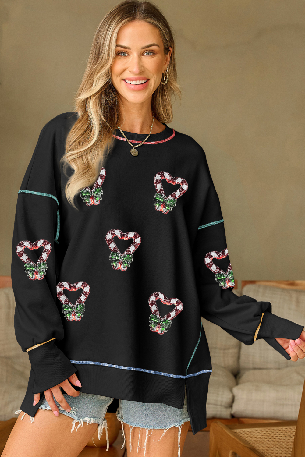 Black Christmas Candy Cane Heart Sequin Patch Graphic Contrast Seam Baggy Sweatshirt - loveforevers