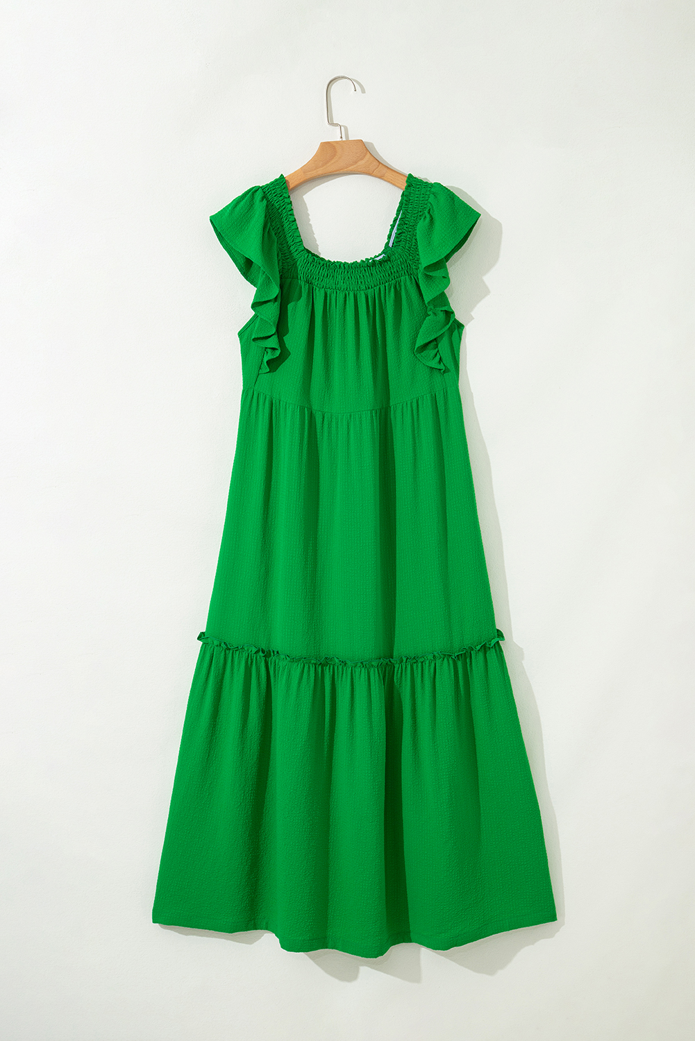 Sky Blue Ruffled Flutter Sleeve Square Neck Textured Tiered Maxi Dress - loveforevers