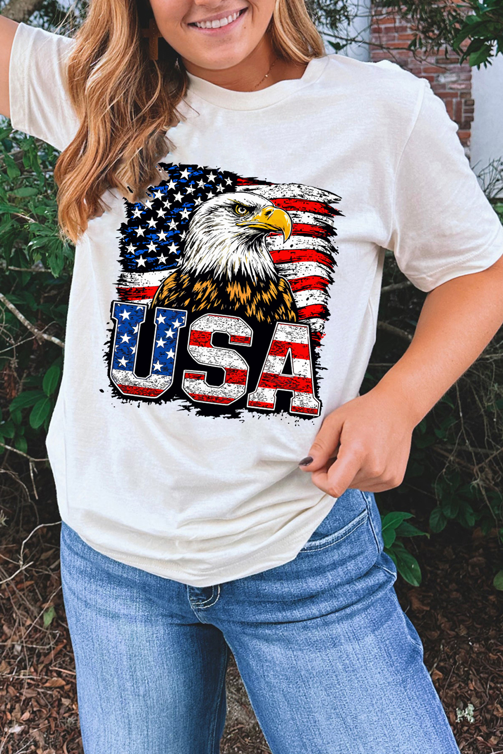 White USA Flag Eagle Graphic 4th July T Shirt - loveforevers