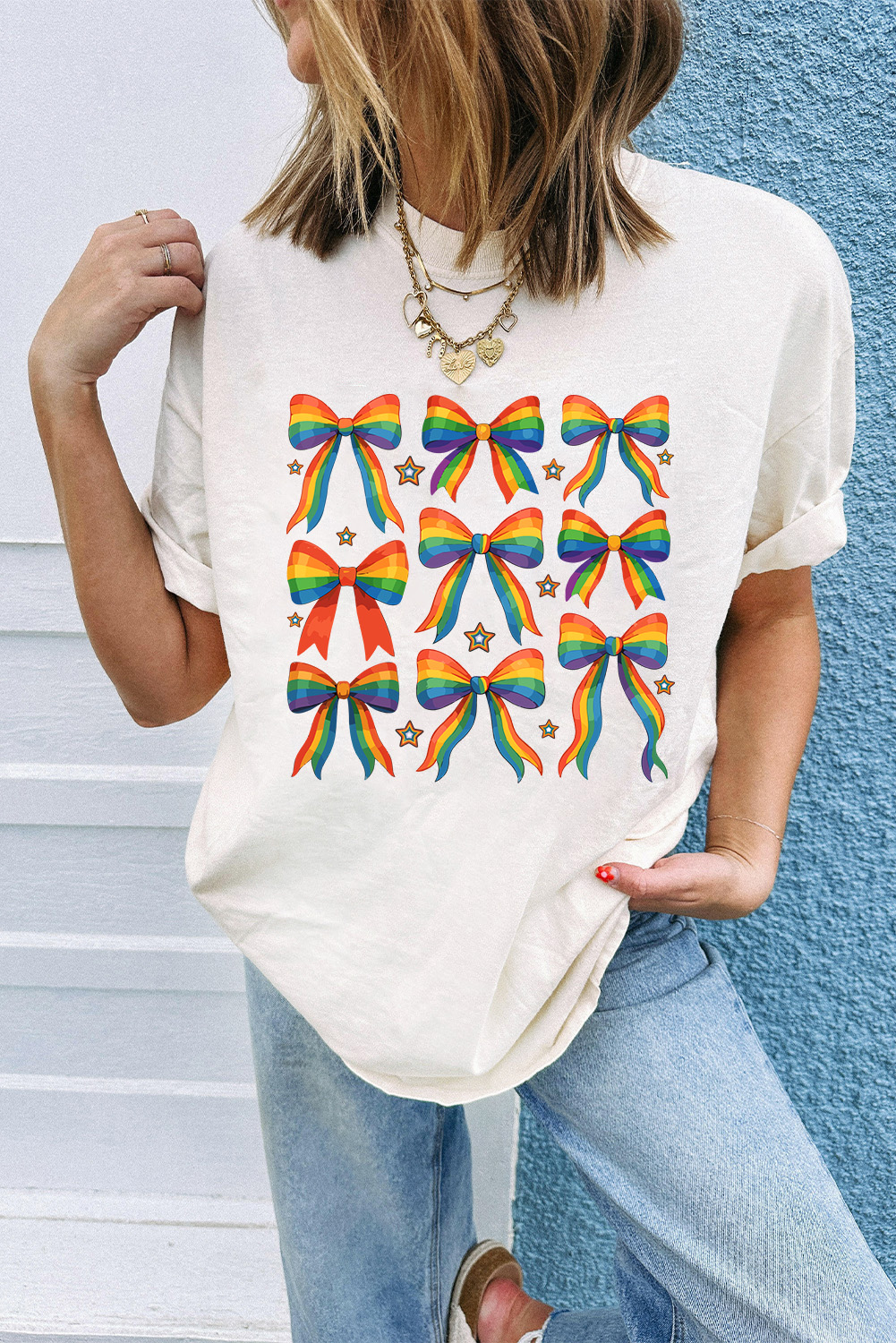 White Pride Bow Starry Print Cotton Blend T Shirt - loveforevers
