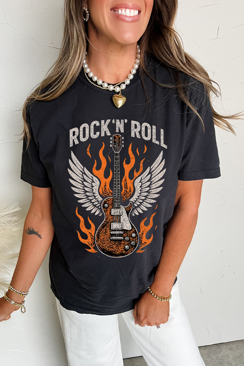 Black Guitar Wings Slogan Print Crew Neck T Shirt - loveforevers