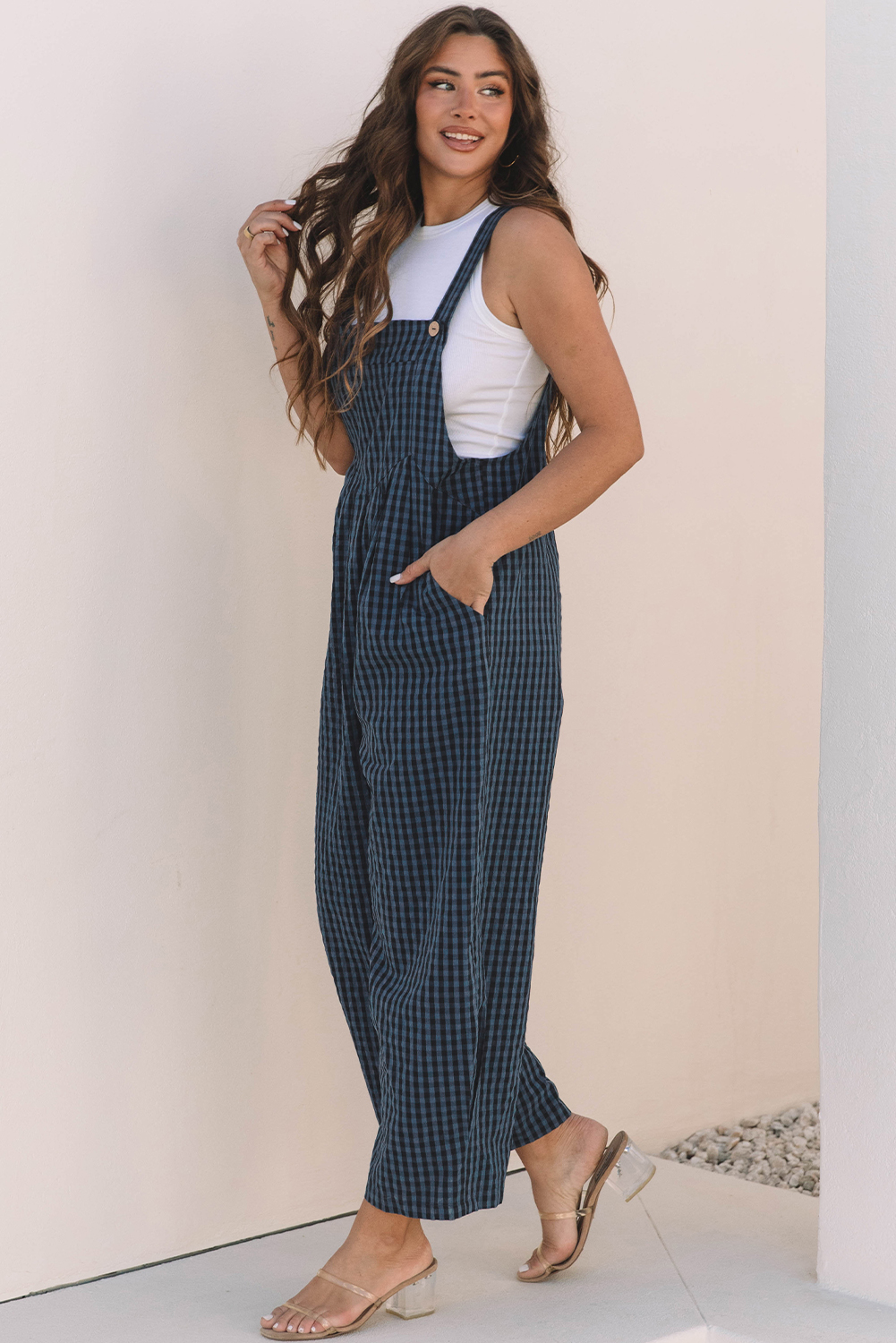Sail Blue Plaid Print Buttoned Pocketed High Waist Overall - loveforevers