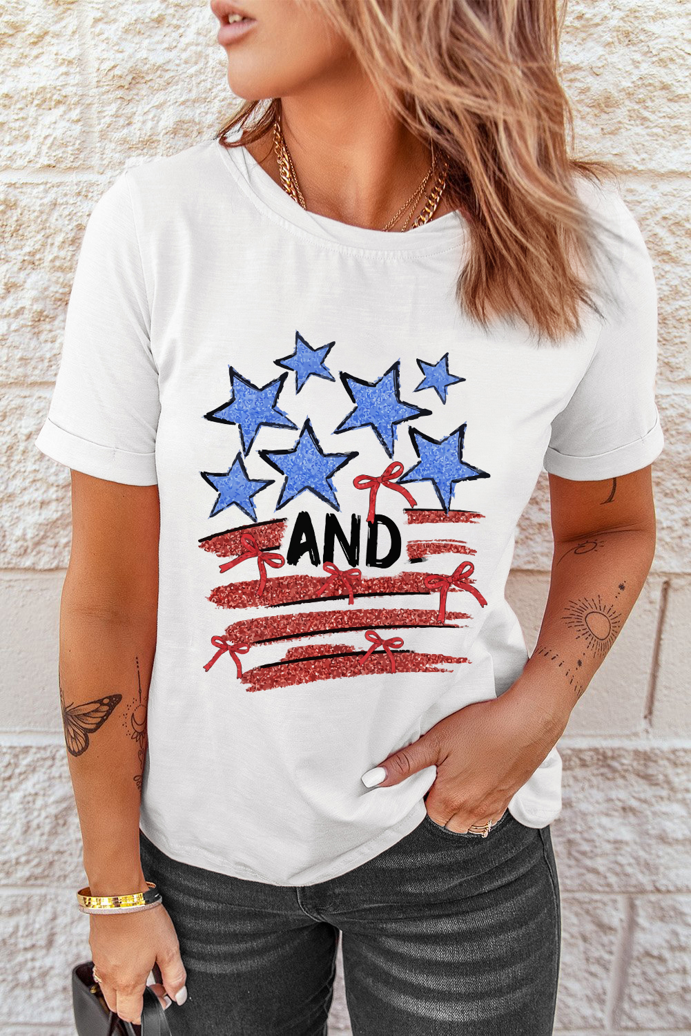 White Stars AND Stripes Bow Graphic T Shirt - loveforevers