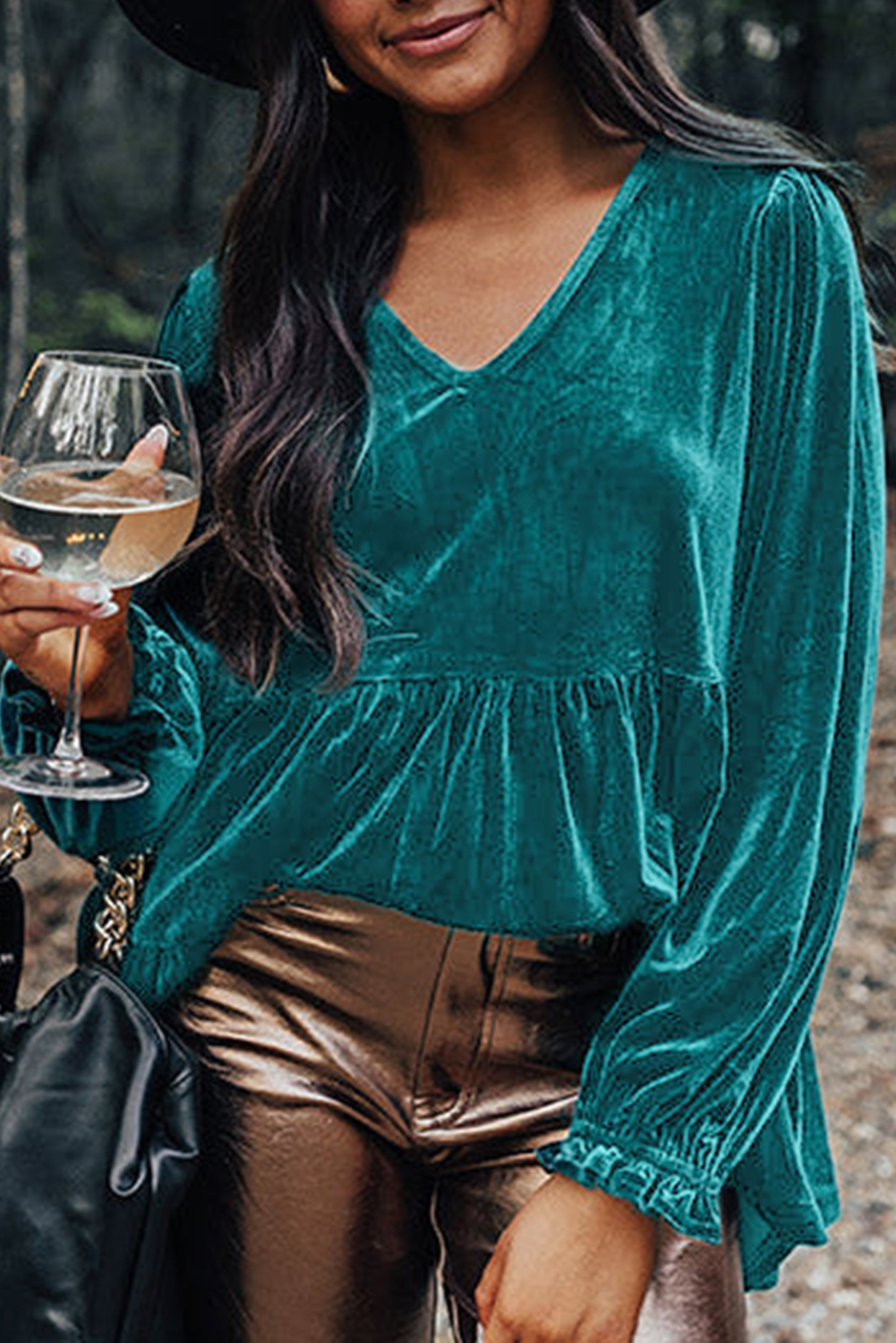 Sea Green Velvet V Neck Peplum Hem Puff Sleeve Blouse - loveforevers