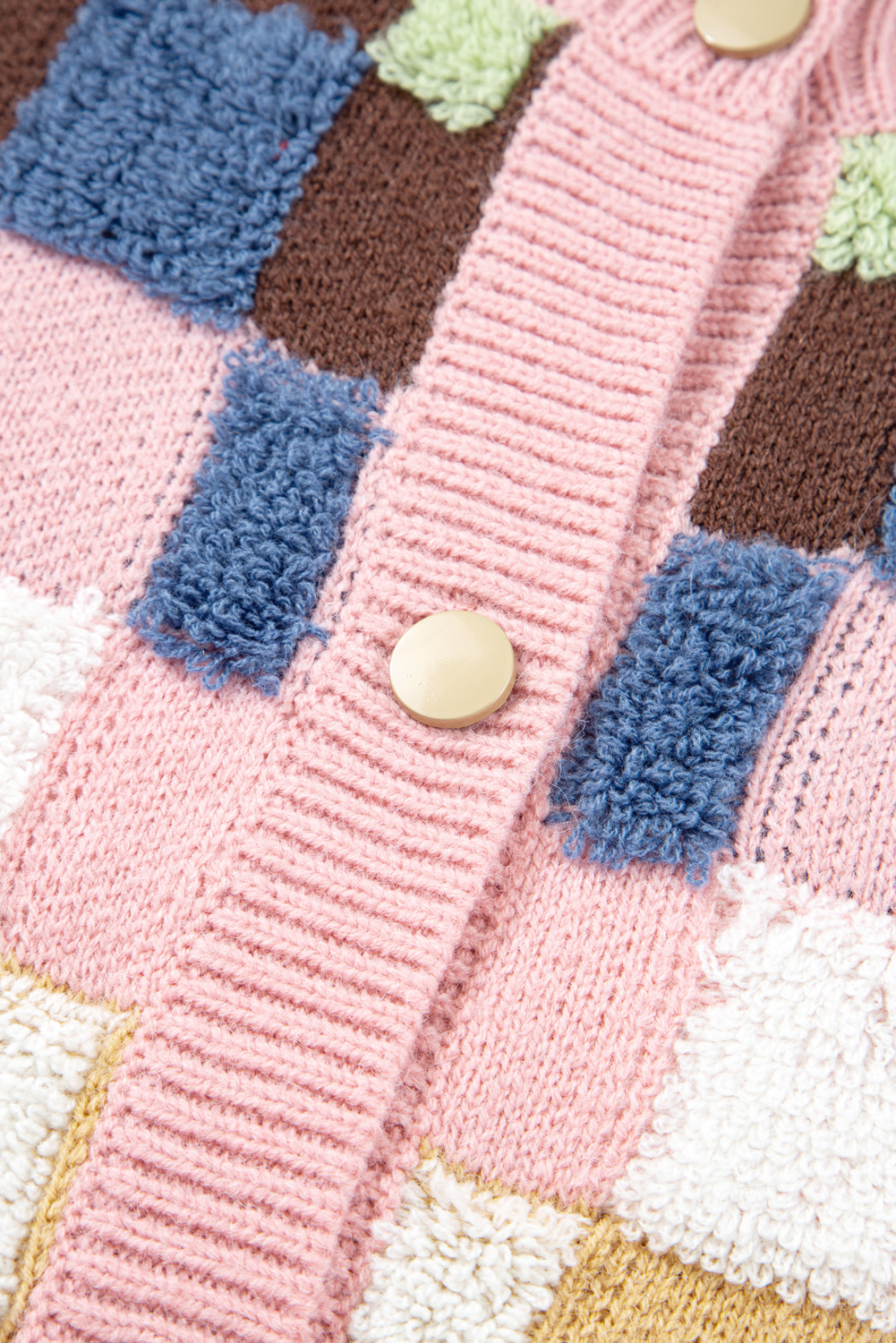 Multicolour Plush Checkered Pattern Button Front Cardigan Sweater - loveforevers