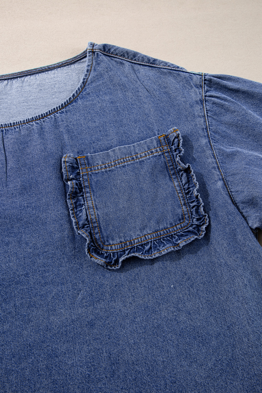 Sky Blue 3/4 Sleeve Ruffled Patched Pocket Denim Blouse - loveforevers