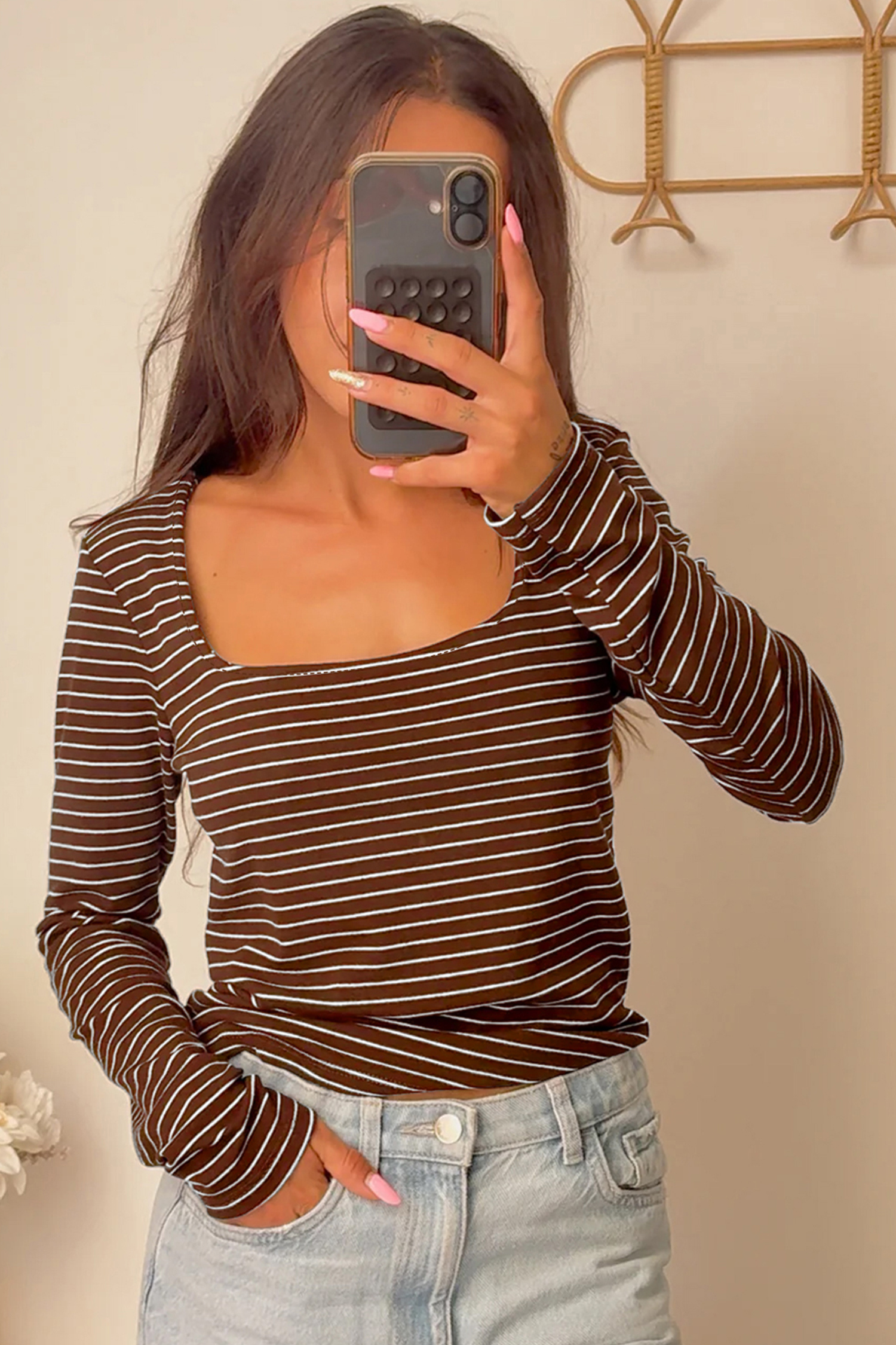 Brown Stripe Square Neck Long Sleeve Top - loveforevers
