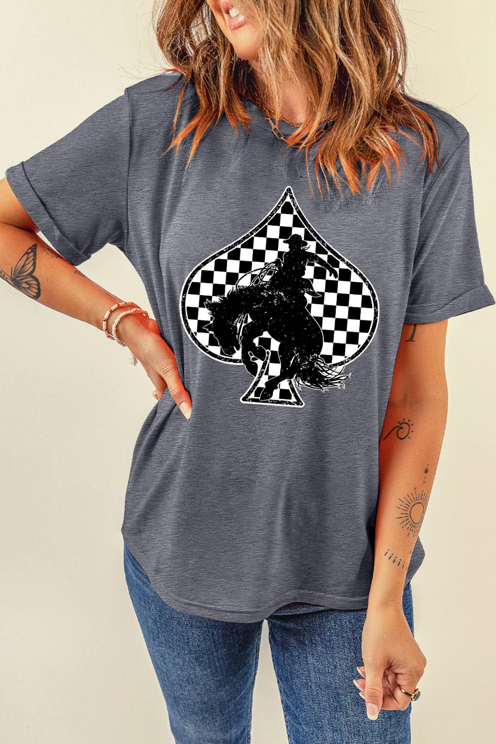 Gray Redeo Check Spades Western Graphic T Shirt - loveforevers