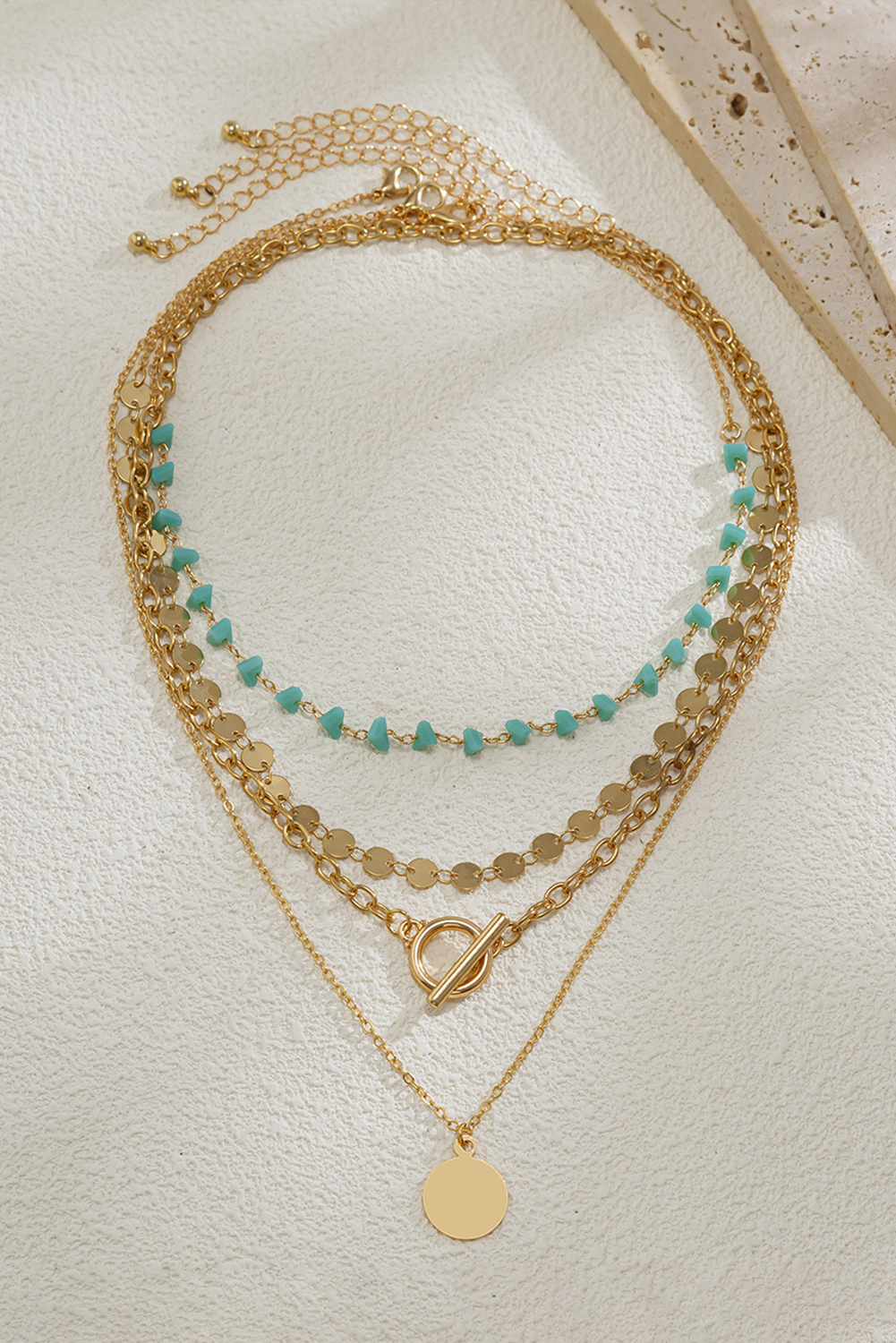 Gold Plated Toggle Disc Detail Turquoise Heart Beads 4pcs Necklace Set - loveforevers