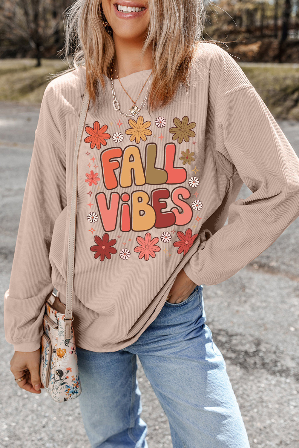 Apricot Twisted Rib FALL VIBE Graphic Baggy Sweatshirt - loveforevers