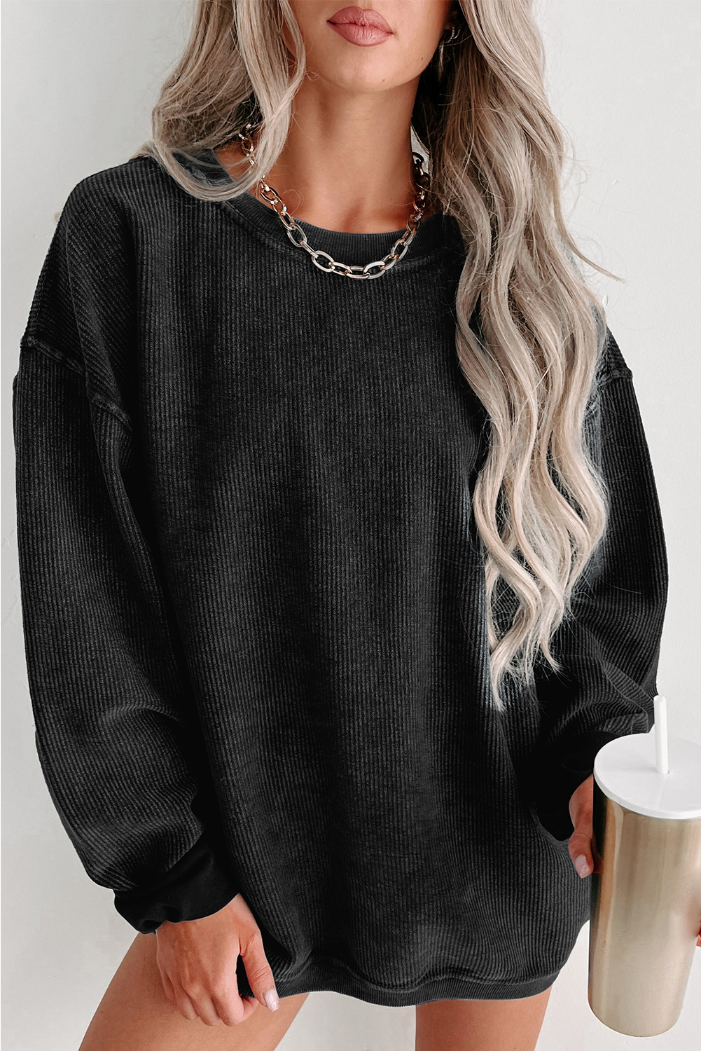 Pink Solid Ribbed Knit Round Neck Pullover Sweatshirt - loveforevers