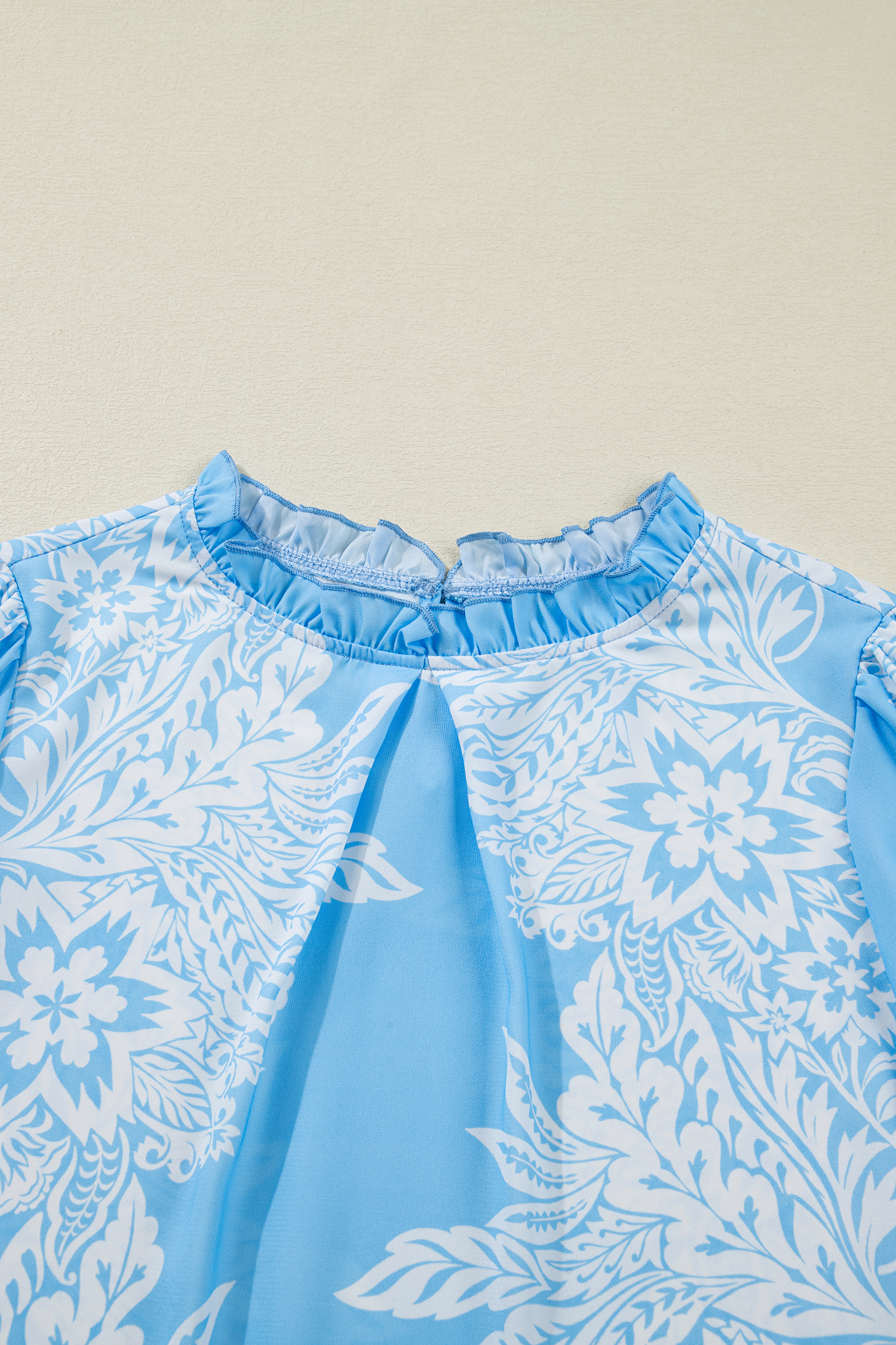 Sky Blue Ruffled Collar Puff Sleeve Flower Blouse - loveforevers