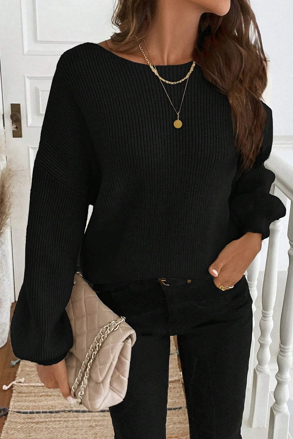Black Ribbed Knit Ribbon Knot Backless Drop Shoulder Sweater - loveforevers