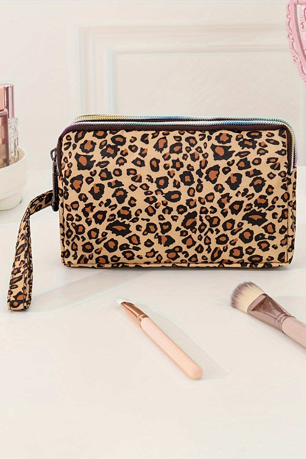 Brown Leopard Print PU Leather Wristlet Zipper Makeup Bag - loveforevers