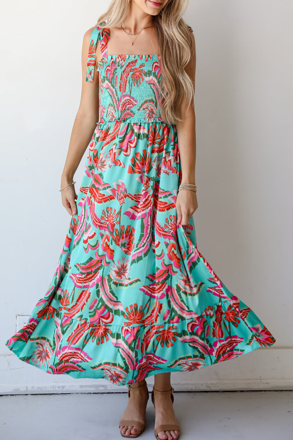 Green Abstract Print Smocked Bodice Knotted Straps Ruffled Maxi Dress - loveforevers