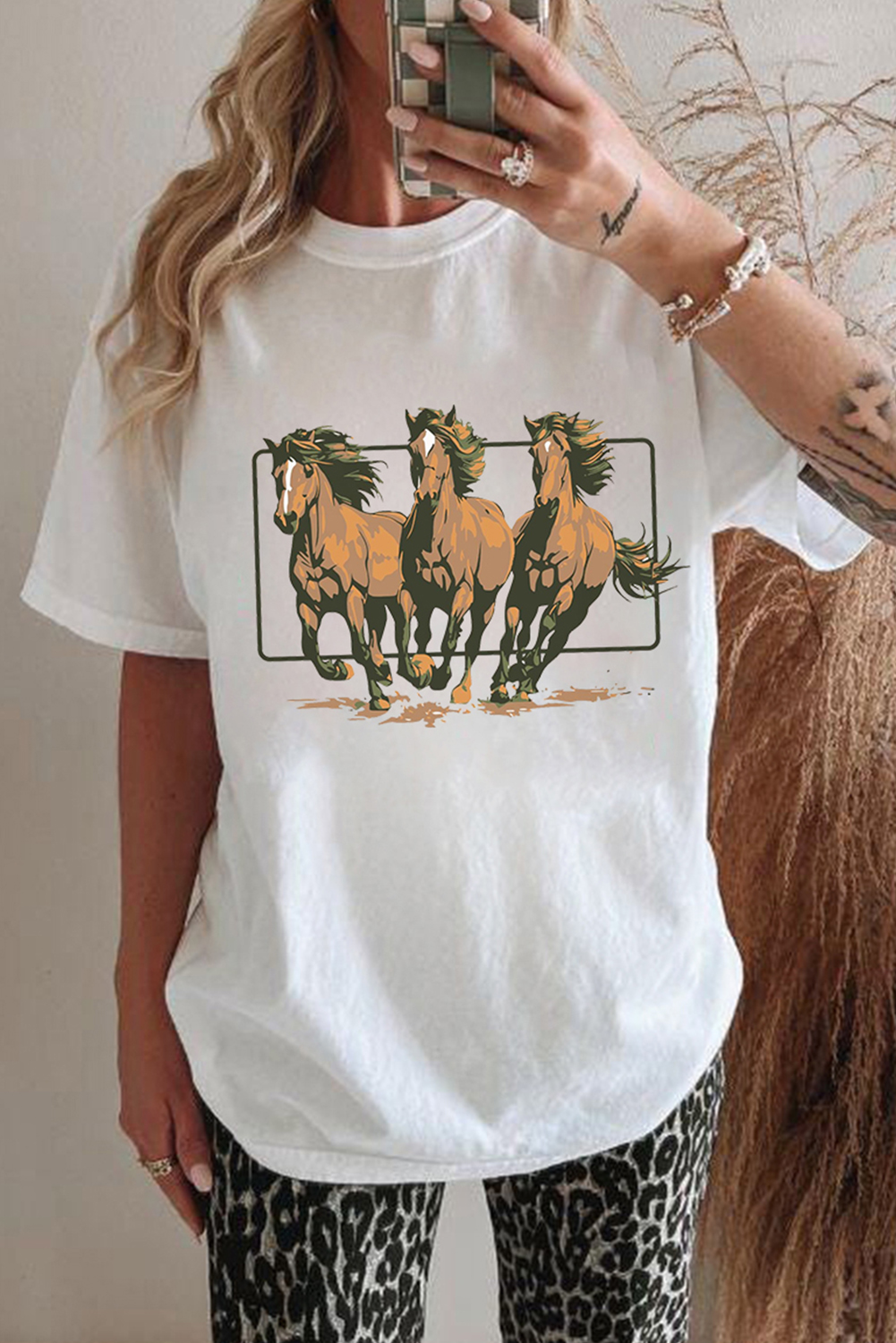 White Texas Horse Graphic Cuffed Sleeve Graphic T Shirt - loveforevers