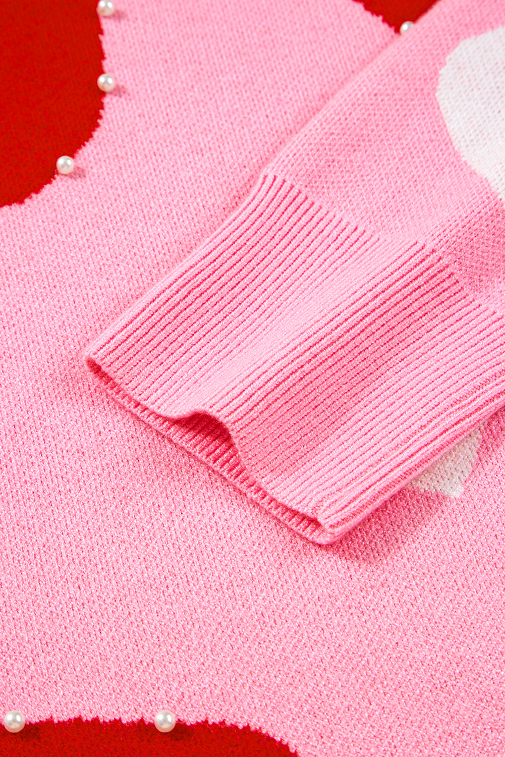 Pink Pearl Embellished Heart Pattern Valentines Day Sweater - loveforevers